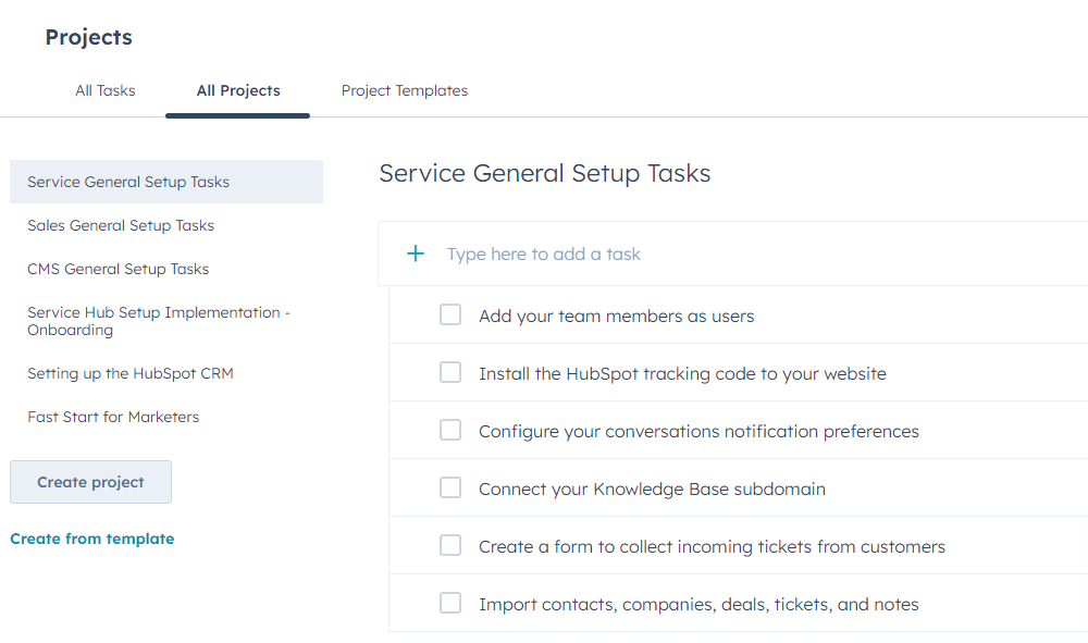 Projects-HubSpot HubSpot project view showing onboarding setup tasks