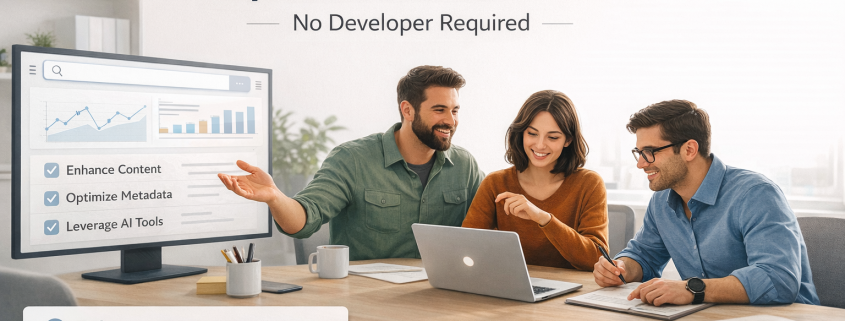 B2B SaaS team reviewing a marketing or search optimization strategy on a laptop.