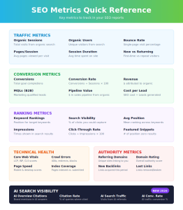 SEO metrics quick reference card organized by category including traffic, conversions, rankings, technical health, and AI visibility
