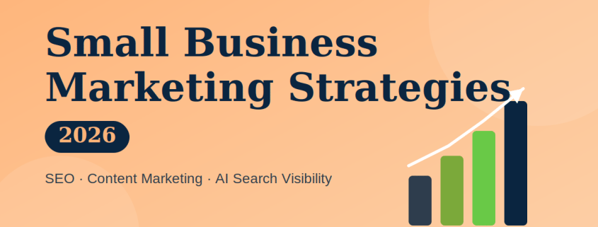 Small business marketing strategies 2026 graphic with ascending growth bars in navy and green on a peach background