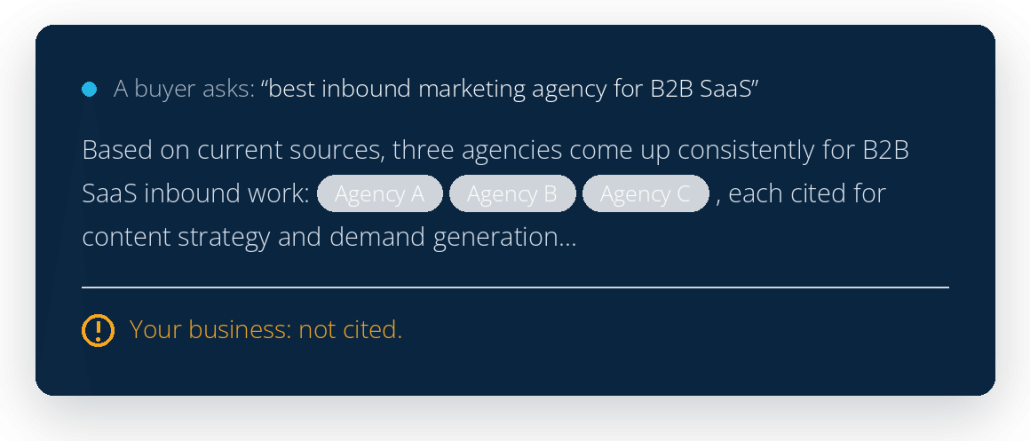 ai-answer-card Simulated AI search answer citing three competitor agencies with the note: your business, not cited.