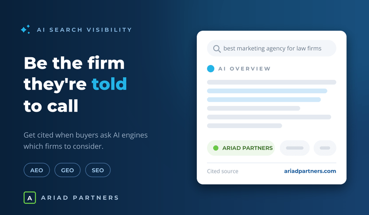 ai-search-visibility-1x AI Overview answer citing Ariad Partners as a source for a law firm marketing query.