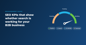 SEO KPIs that show whether search is working for your B2B business, with a gauge from guessing to working and pipeline, search, AI visibility, and technical KPIs